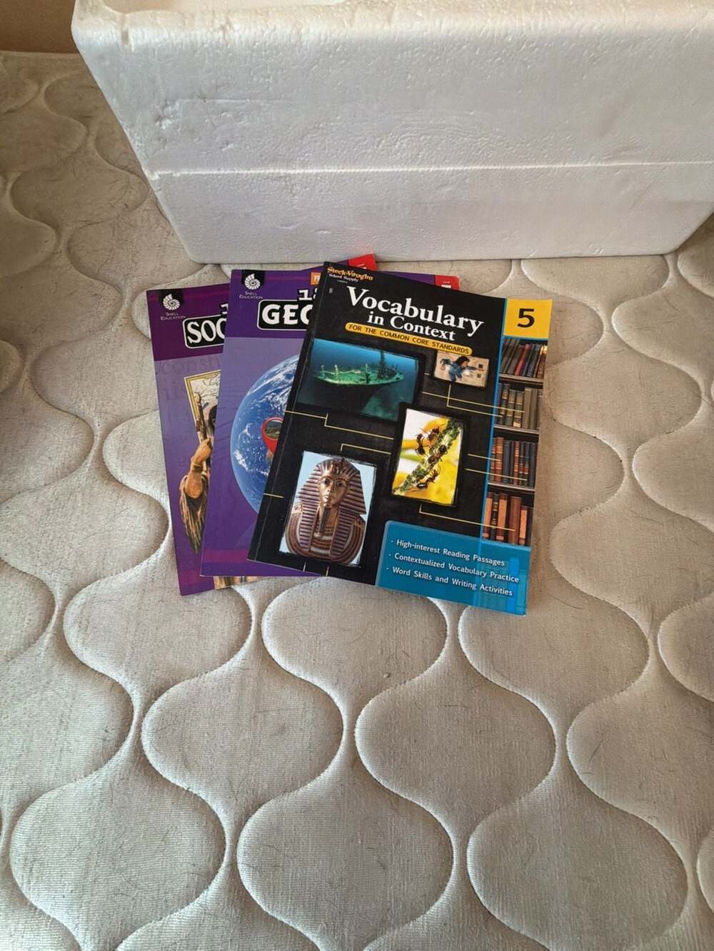 Lot of 3 5th GR Educational Workbooks: Social Studies, Vocabulary, Geography